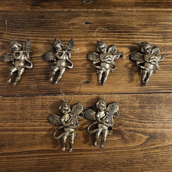 The Unbranded Brand Other - Vintage Cherub Angel Ornaments Set of 6 Gold Tone Musical Angels Christmas